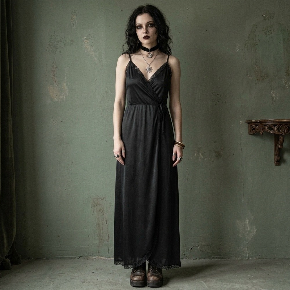 Vintage Black Satin Maxi Slip Dress S Lace Whimsigoth 90s Grunge Dark Vamp Witch